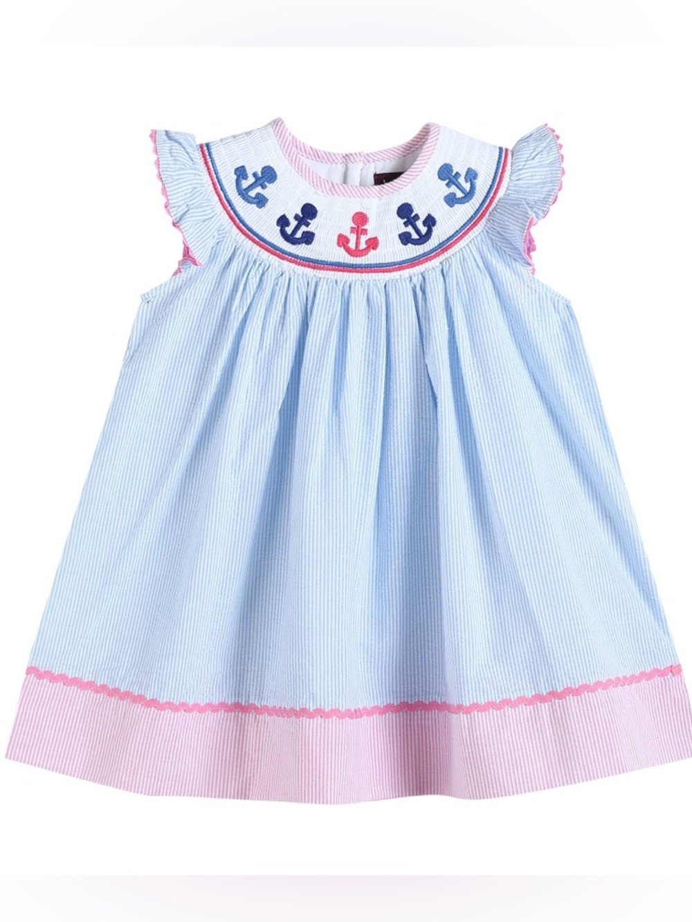 NWT lil cactus Girls baby pink blue stripe bishop smocked dress Nautical Anchor